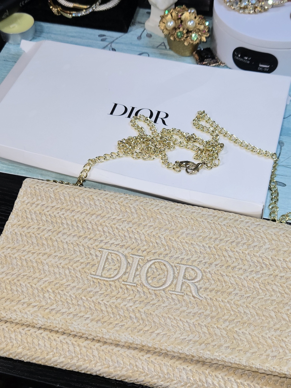 Authentic Dior Beige Raffia Clutch With Added Gold Chain